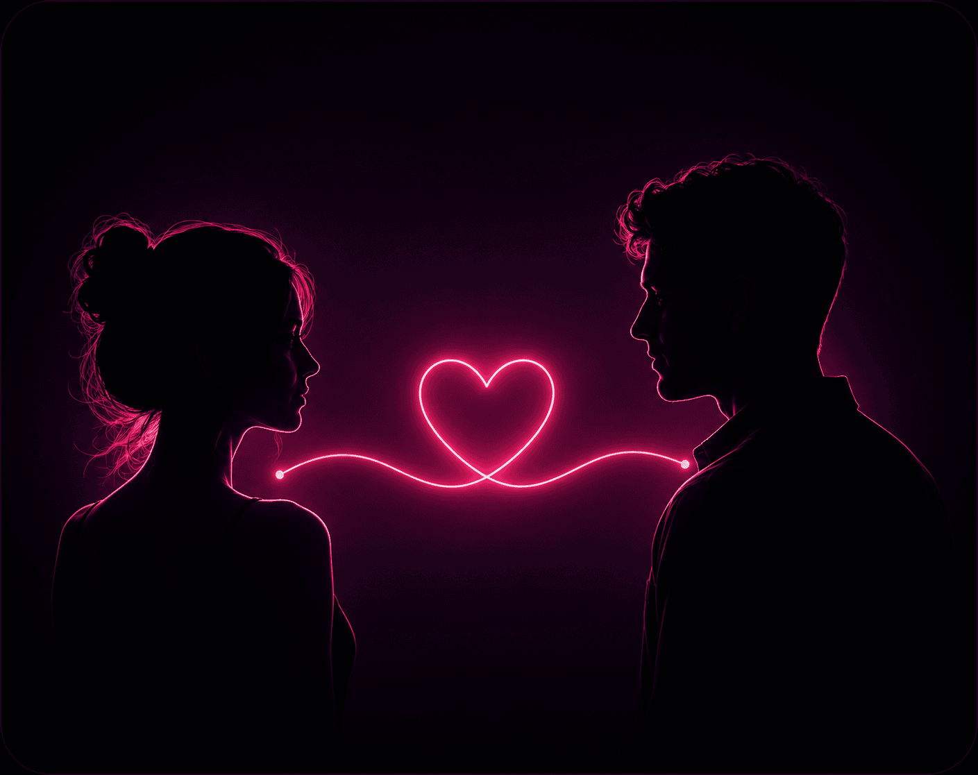 Two silhouettes facing each other, connected by a glowing neon heart